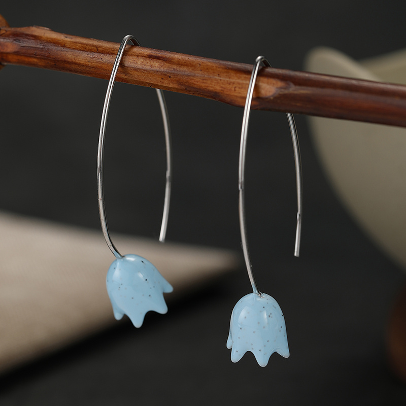 TEMU Handmade Bohemian Lily Of The Valley Earrings Suitable For Women - Blue Flower Long Pendant Dangle Jewelry With K Plating, Retro Accessories For