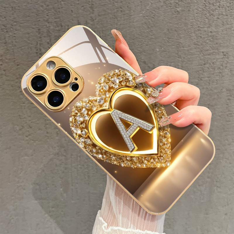 TEMU Phone Case: 15 Models , Elegant Golden Diamond Letter A Pattern Glass Phone Case For Iphone 15, 16, 14, 13, 12 Pro Max, 14, 15, 16 Plus, 11 Pro,