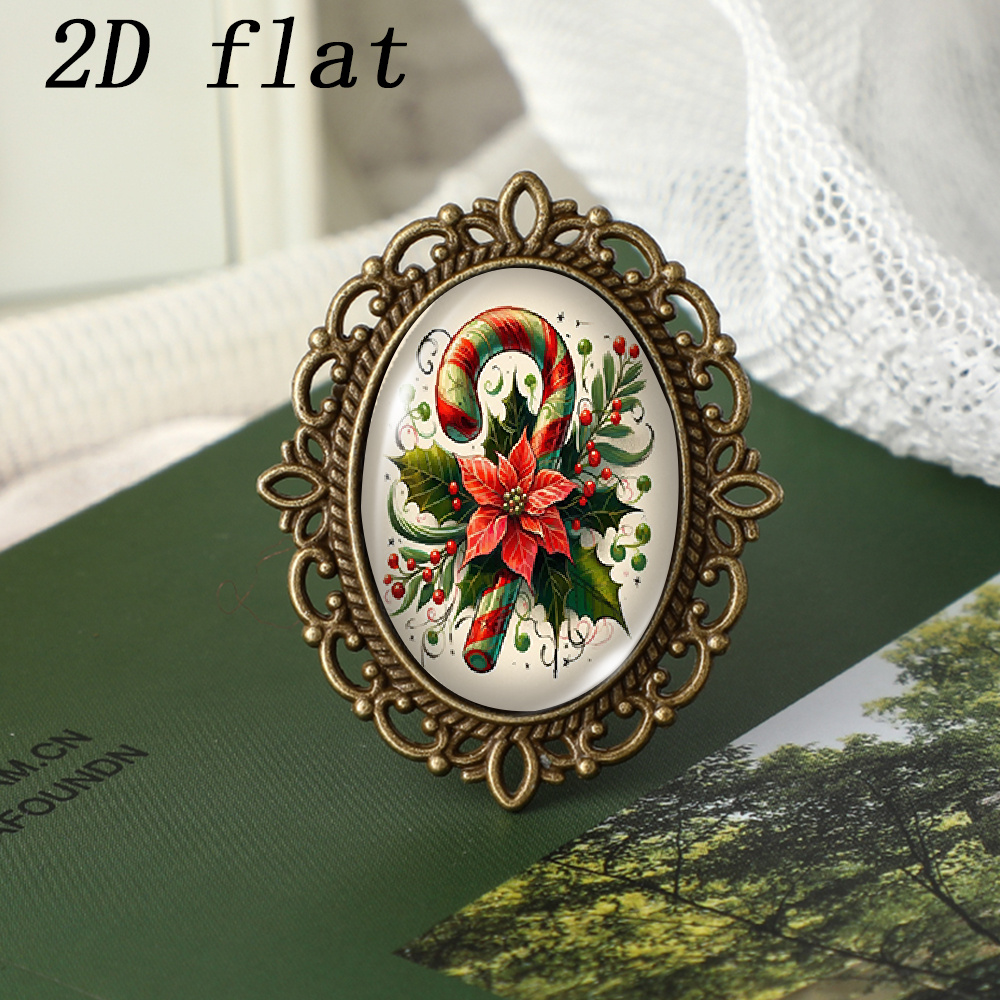 TEMU 1 pièce Badges ovales en verre avec de Noël, poinsettia et de houx, ornement polyvalent pour vêtements et sacs à dos, badges unisexes vintage à