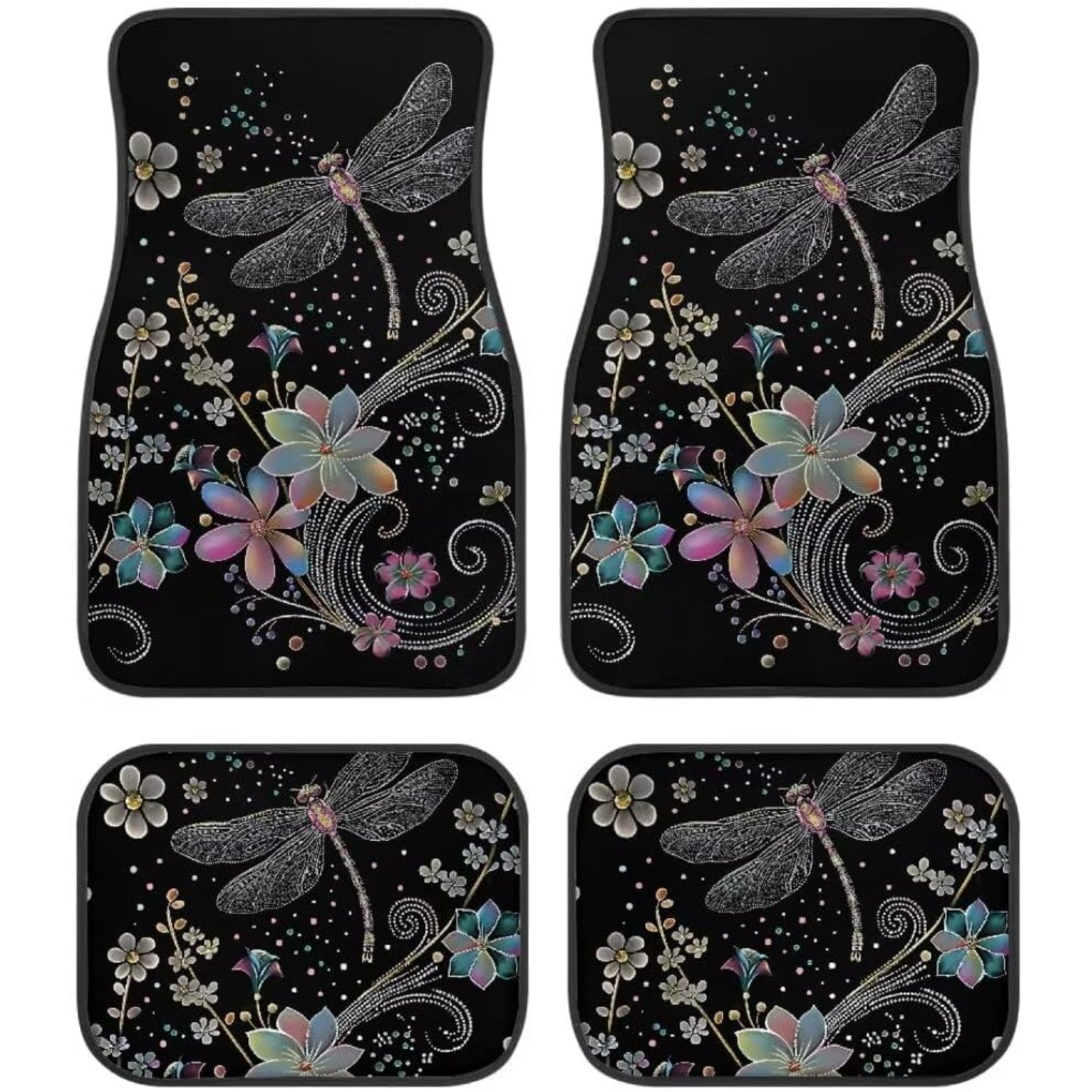 TEMU 4pcs Dragonfly Floral Car Floor Mats Universal Floor Mats Car Accessories Interior Decor 2d Print Front And Rear Floor Mats