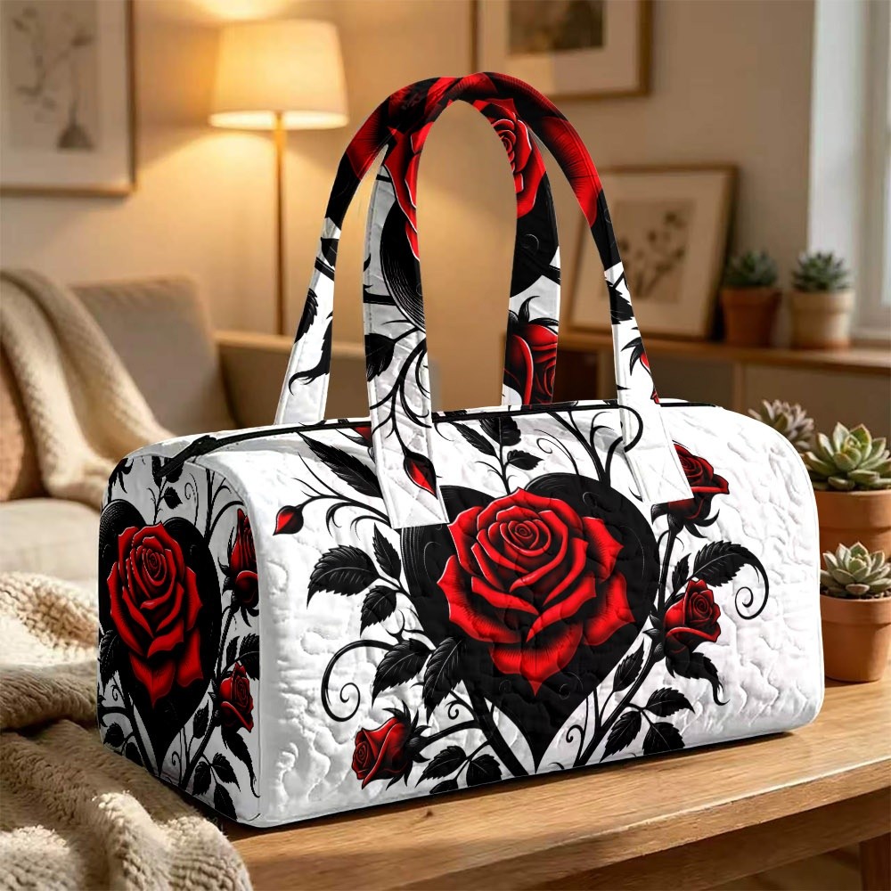 TEMU Women's Quilted Travel Tote Bag, Decorated With Vibrant Red Roses & Black Leaves, Durable Polyester Material, Multiple Specifications , Perfect