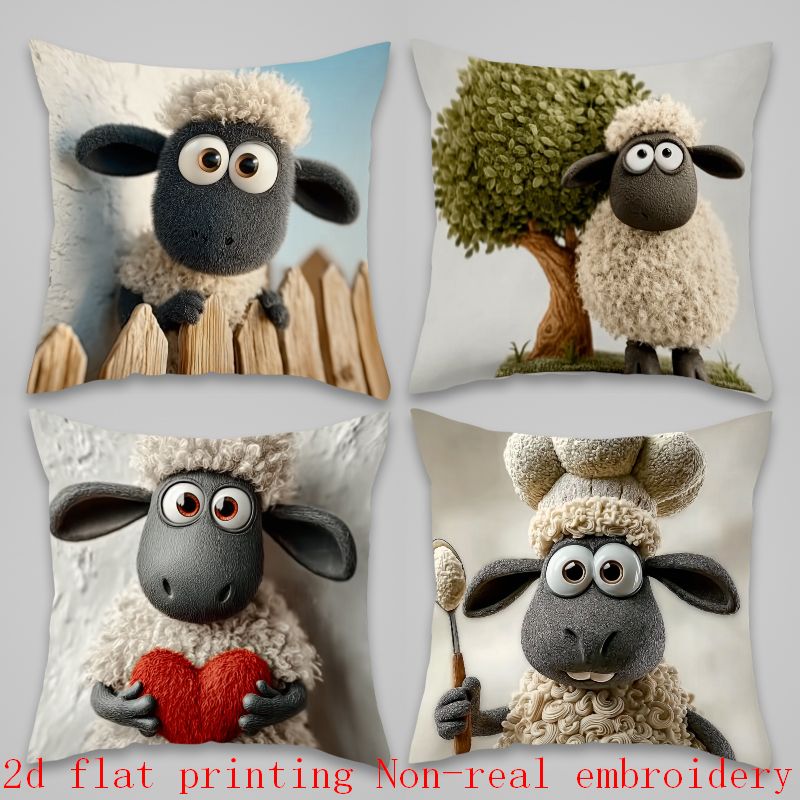 TEMU 4pcs Theme Pillow Covers Cute Lamb Lying On Wooden Fence With Big Eyes Suitable For Home Sofa Decoration, Home Accessories, 2d Flat Printing