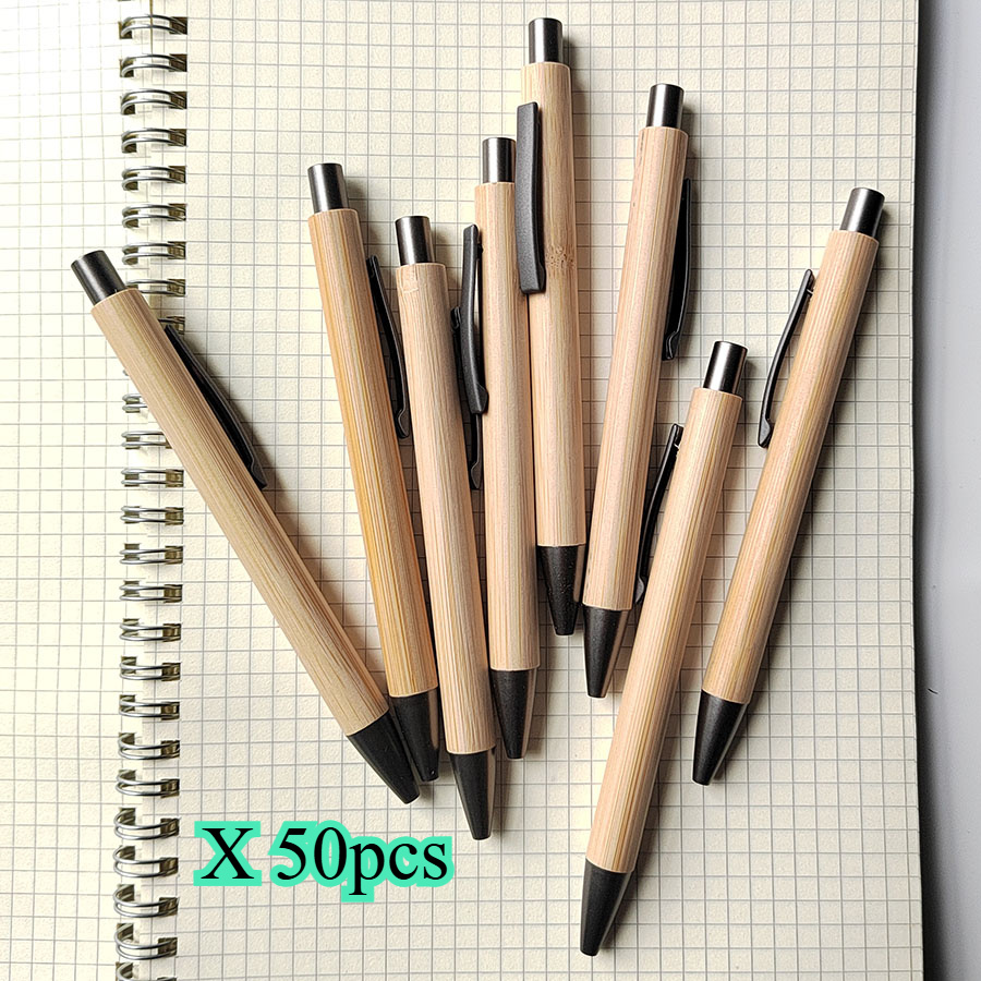 Image of 50pcs Press Bamboo Pen, Bamboo Wood Material Ballpoint Pen, 1.0mm Black Ink, Used To Write Office Signature Advertisement Promotional Gifts
