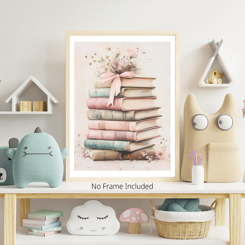 TEMU de Pared de Pila de Libros Rosados - Impresión en Sin de Flores Pastel Vintage Adecuada para , Dormitorio, Decoración de Oficina - Decoraciones
