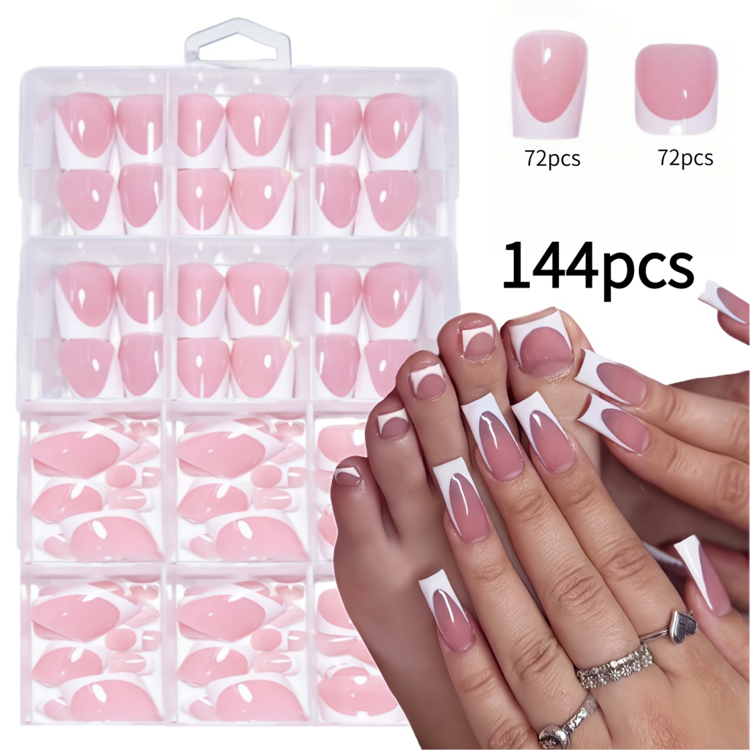 TEMU Set de 144 piezas de uñas postizas para manos y pies, puntas de uñas blancas estilo francés, diseño cuadrado largo, decoración de , cobertura