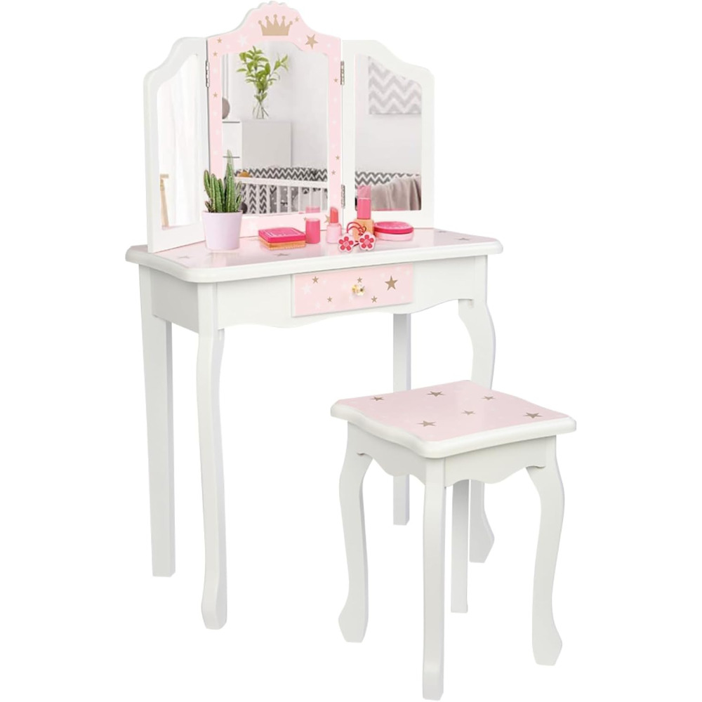 Vanity Table With Mirror & Stool - 2-sided 180° Mirror Makeup Desk, Single Drawer Dressing Table With Stool, Easy Assembly, Space- For Room, Wedding, Gift (white & Pink)
