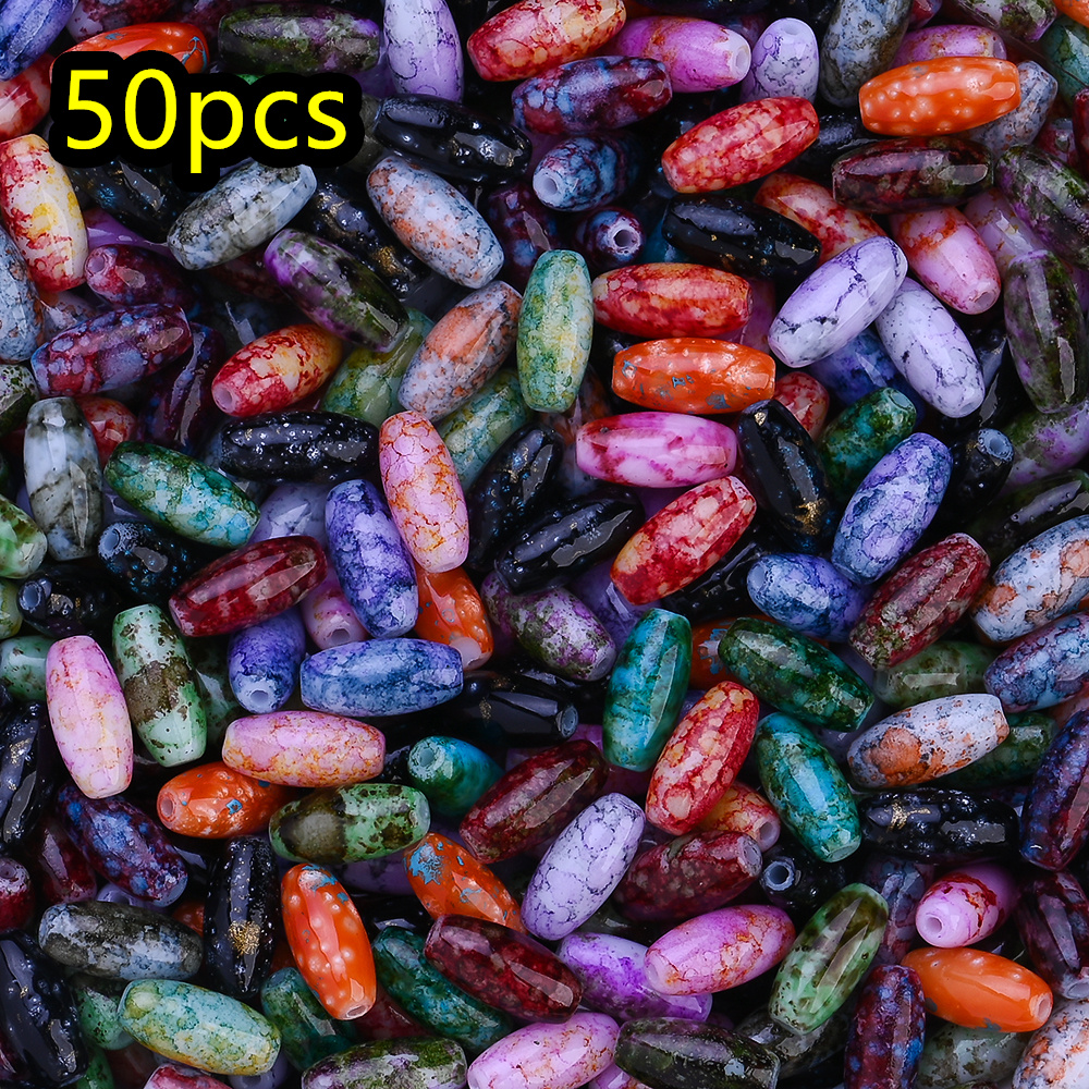 TEMU 50pcs Vintage Oil Painting Glass Seed Beads Unique Long Shape Multicolor Diy Small Loose Beads For Hamdmade Jewelry Making Beading Diy Tassel
