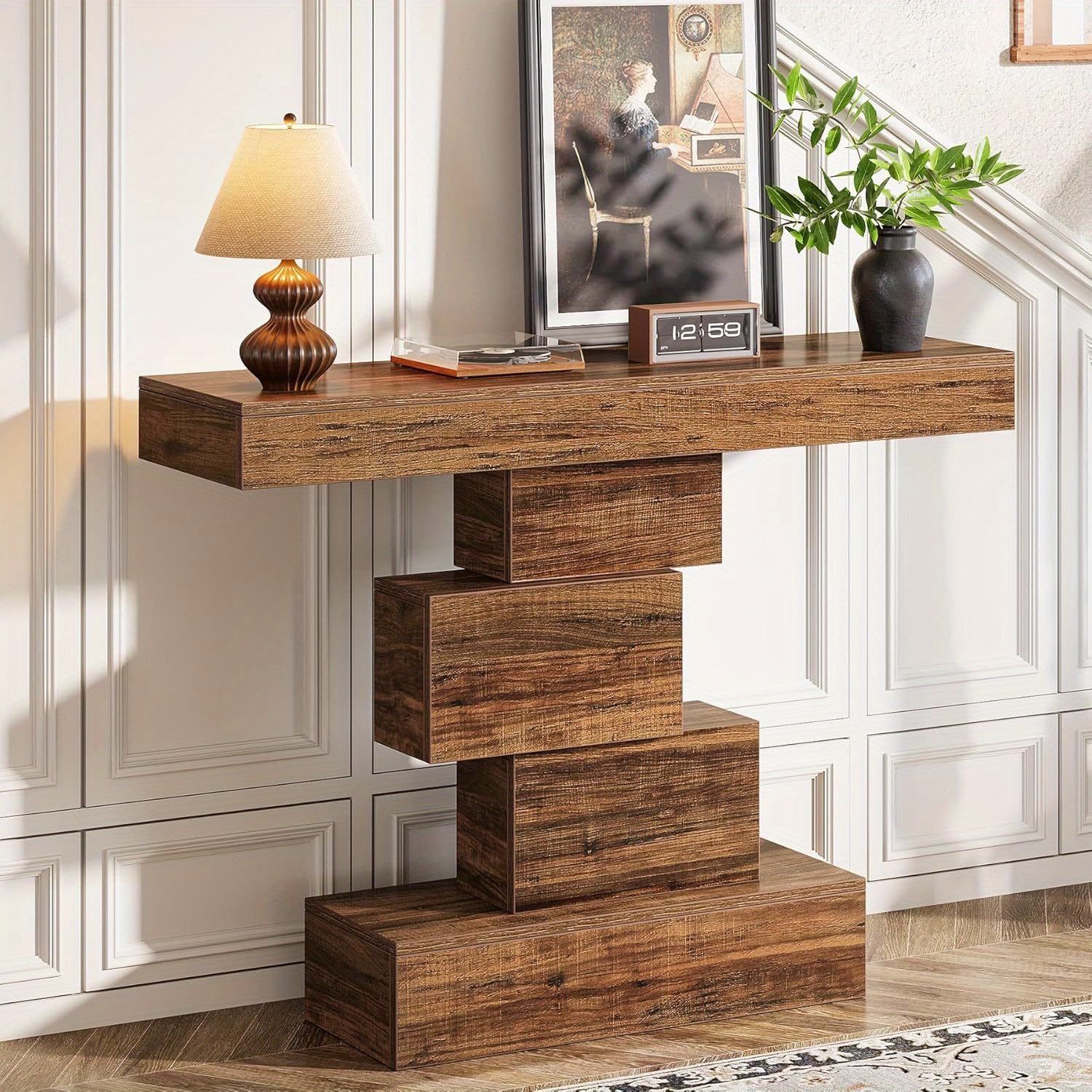 E-shop Industrielle Konsolentisch, 108 cm schmaler Holz Sofatisch mit geometrischer Basis, Eingangstisch für Wohnzimmer, Flur oder in rustikalem
