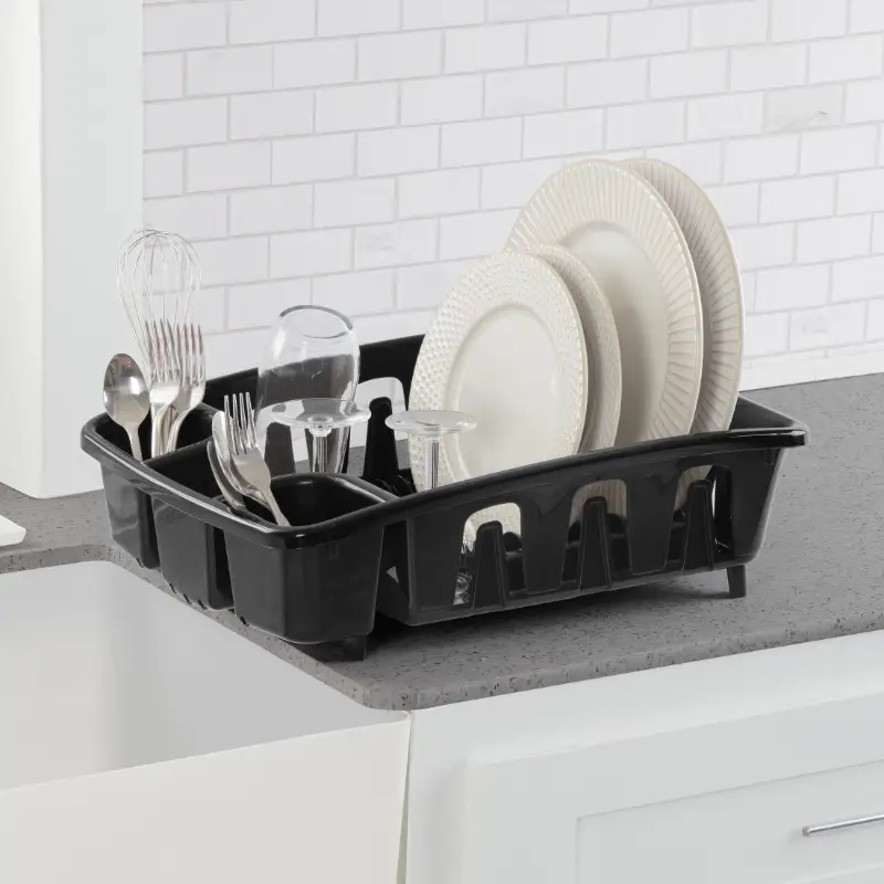 dish rack and with base - heavy-duty -saving dish drying rack with 10 plate holders, 8 cup holders & utensil rack, elevated feet for sink, for small kitchens, dishwasher- assembly, angled base for draining, durable construction, fits over standard sinks, modern kitchen organizer (17.625”l x 13.375”w x 5.375”h), wall mounted dish drying rack, dish drying rack for kitchen sink, kitchen plate rack, Product details 3