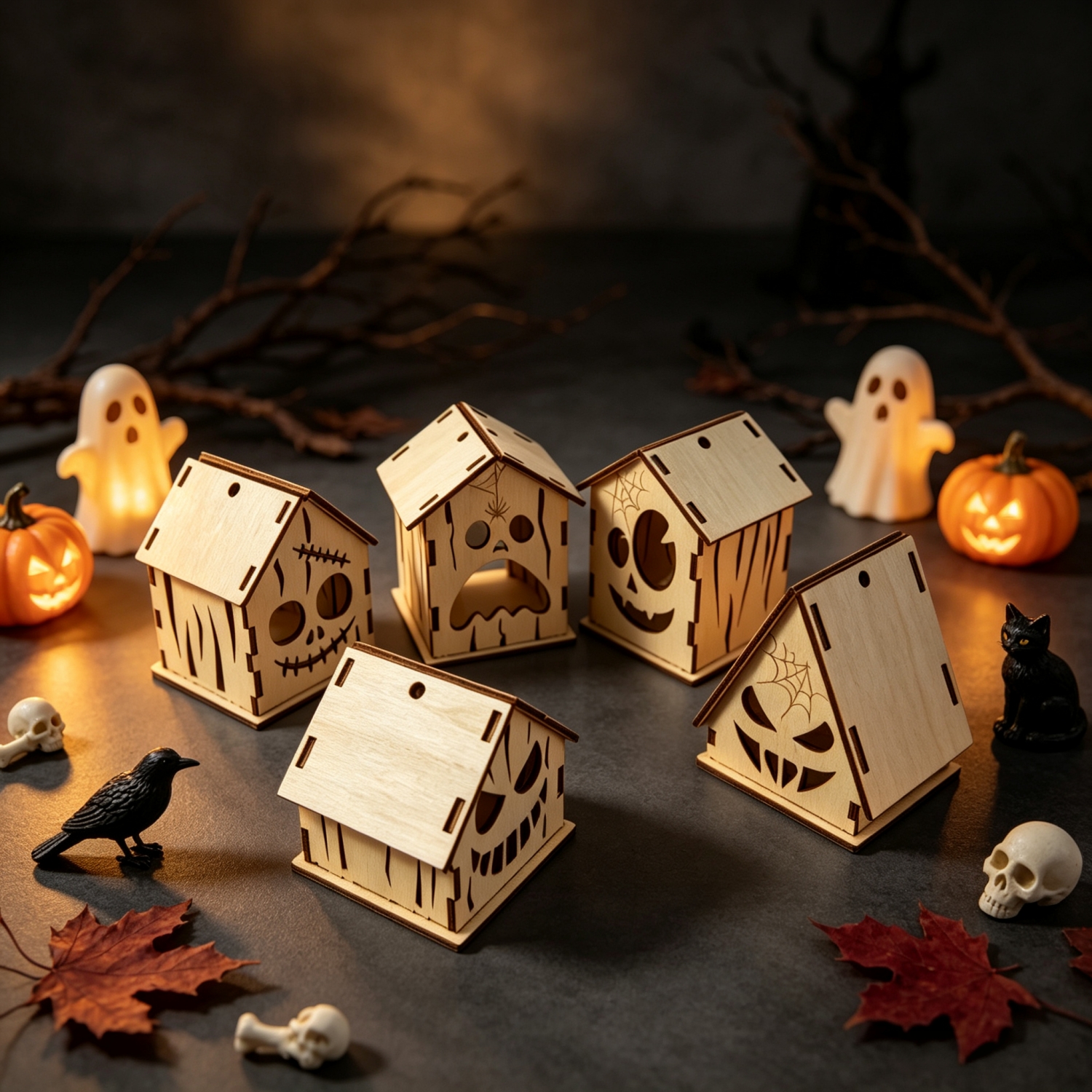 TEMU Ensemble de 5 mini-maisons d'Halloween en bois découpées au laser, motif creux de d'horreur, citrouille et araignée, bâtiments , décoration de