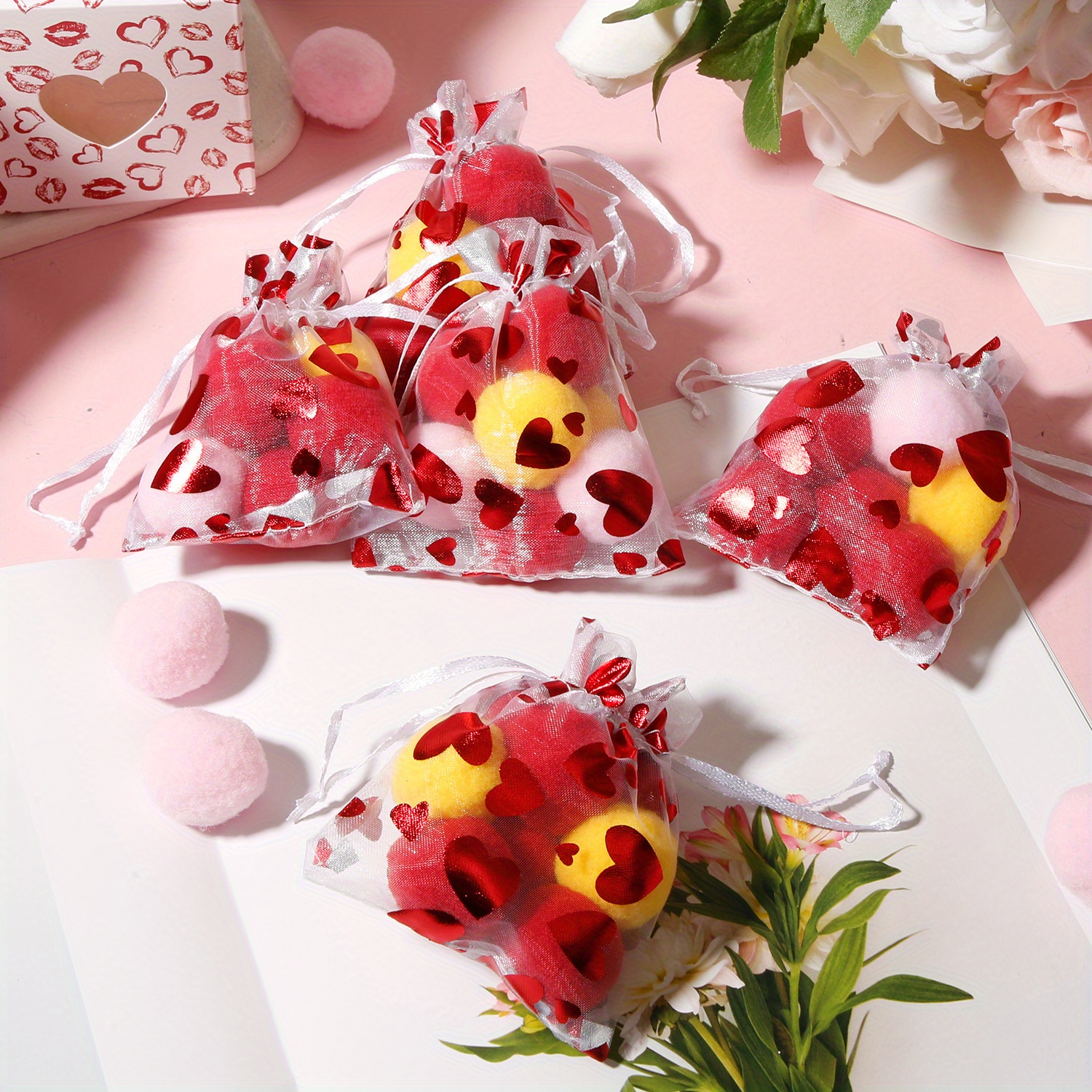 Image of Gift For Her/him 50pcs Organza Candy Bags | Valentine's Day Heart-shaped Mesh Jewelry Pouches With Drawstring Closure | , Bridal Shower, Anniversary Party Favors