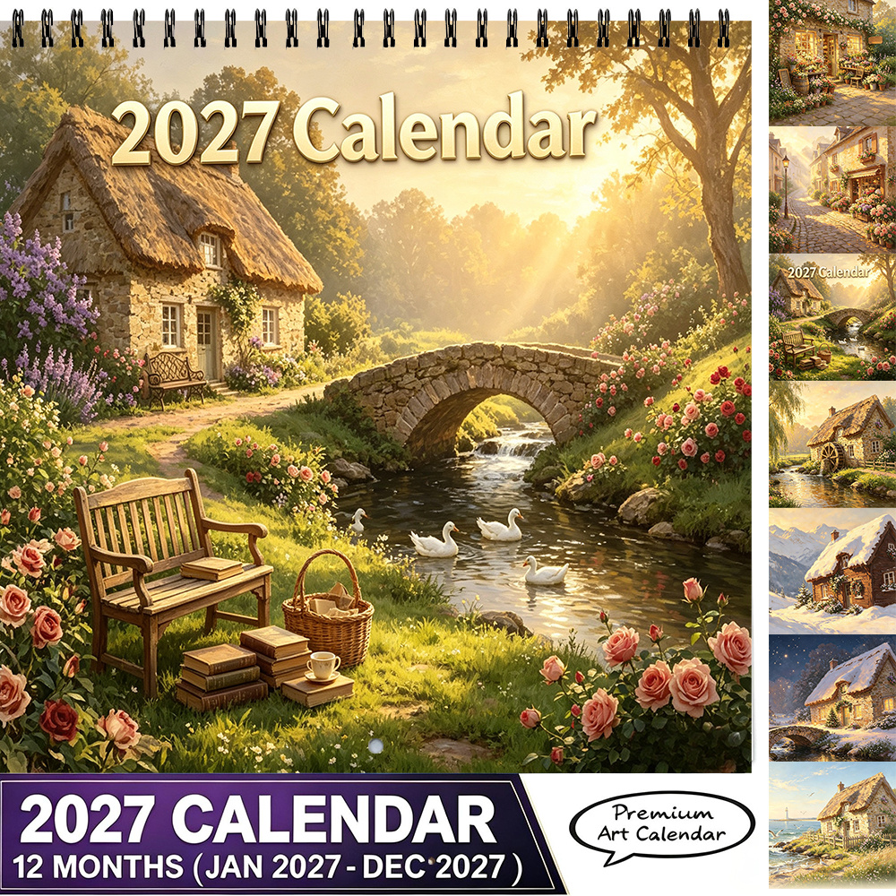 TEMU 2027, Calendar 2027 Wall Calendar 8.3 X 8.3 Inch Rustic Scenery Calendar Holiday Gift For Christmas Halloween New Year Back To Home Office