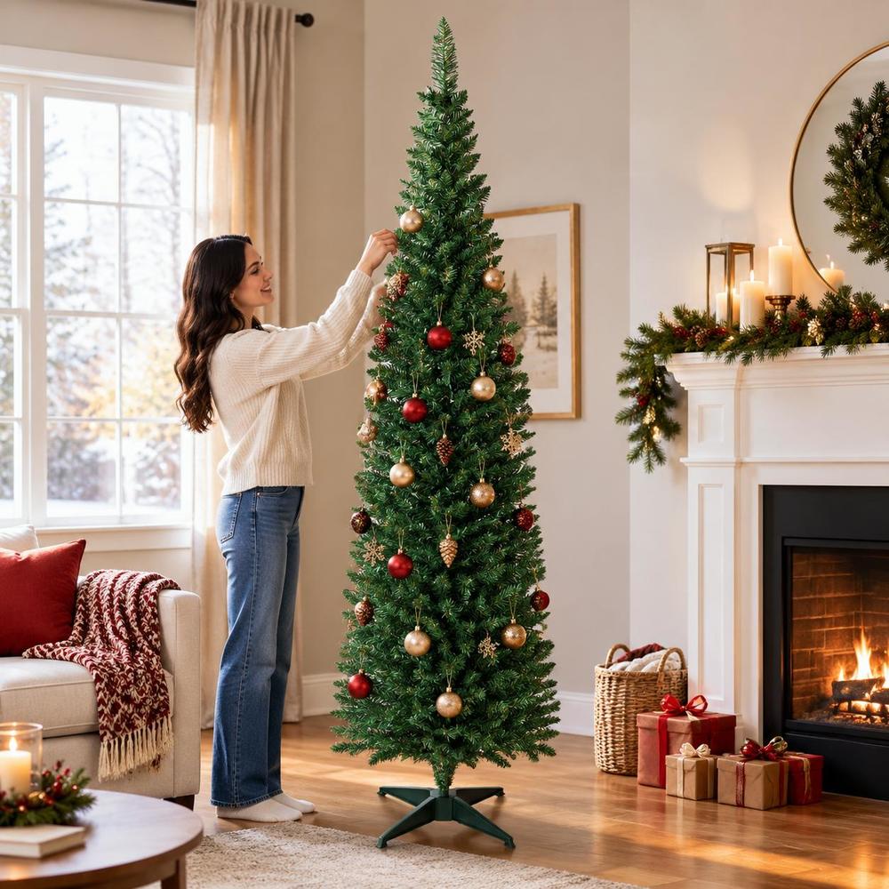 Image of 210cm Slim Artificial Christmas Tree With 401 Fir Tips Flame Retardant Pvc Leaves Easy Assembly Indoor Decor With Plastic Base