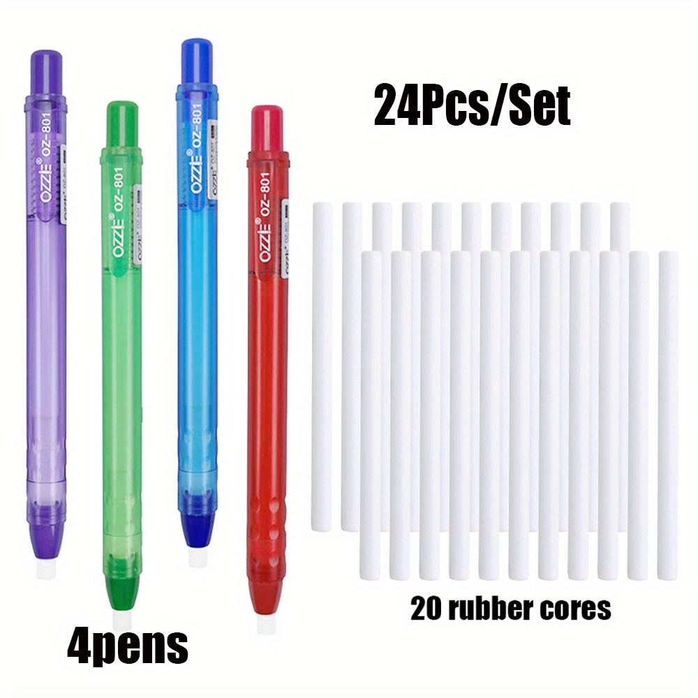 Image of 24pcs/set Blue/green/red/purple Pen Shaped Embossed Pencil Erasers With Replaceable Cores For Writing And Erasing Stationery Supplies And Gifts Fine Writing Tools(4 Pens+20 Replaceable Cores)