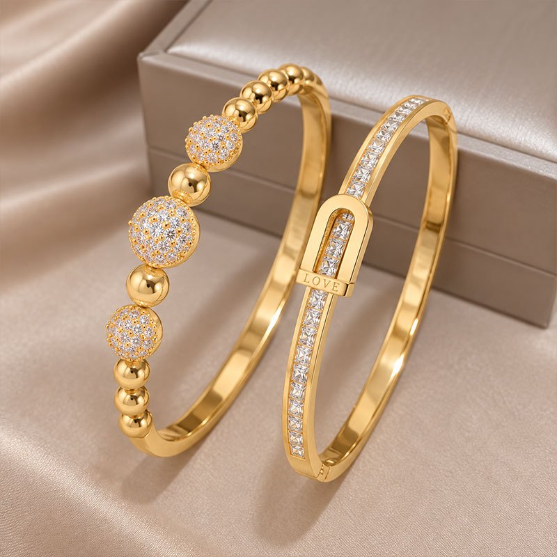 2pc Women's Bracelet Set with Stainless Steel & Copper