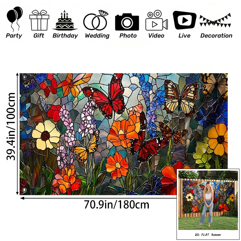 TEMU [2d Flat] 1pc Stained Glass Butterflies Flowers Printed Privacy Screen Outdoor Railing Cover, 100% Polyester Patio Deck Fence Screen, 2 Sizes