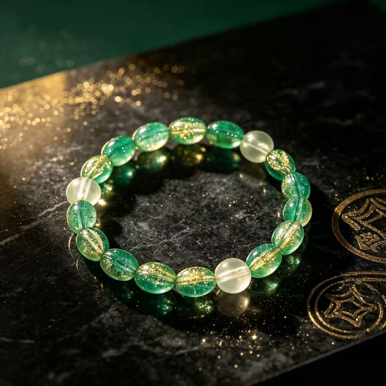 Translucent Forest Green & Clear Glass Bead Bracelet, Fresh Style