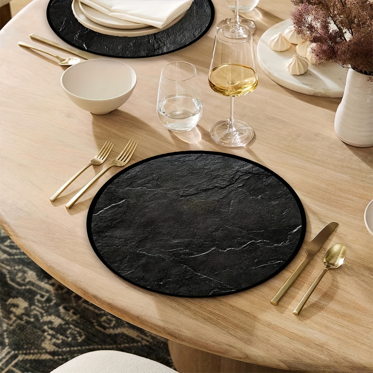TEMU Round Placemat Suitable For Home Kitchen Table Decor - Rustic Black Stone Pattern Table Mat, Hand Washable Fabric With Stone Print, Suitable For