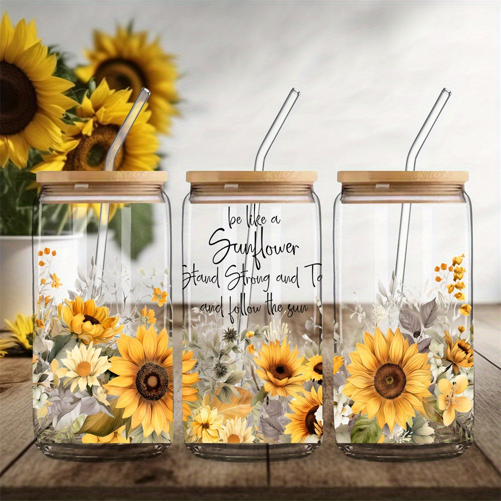 TEMU 1 16oz Clear Glass Cup With An Quote And Sunflower Design, Suitable For Coffee, Beverages, Beer, Milk, And Juice, Includes A Straw
