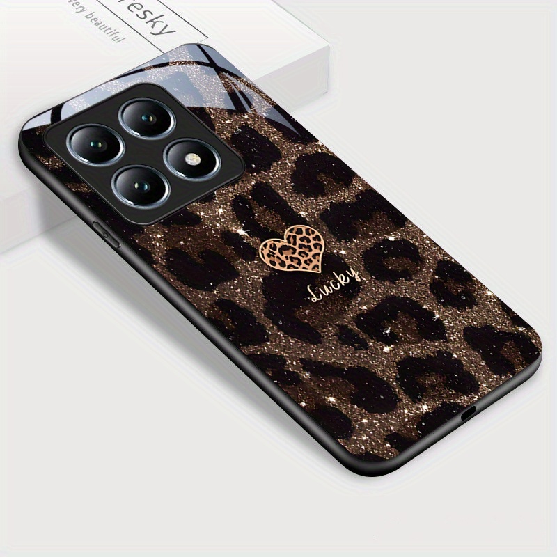 TEMU Étui pour Xiaomi 14T Pro 14T, Coque en Verre Trempé à Motif Léopard Cœur Brillant et Élégant, Protection Antichoc, Design Tendance, Impression