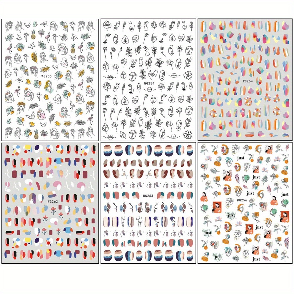 Image of 6 Sheets Graffiti Fun Nail Art Stickers Abstract Nail Decals 3d Self-adhesive Abstract Nail Design Manicure Tips Nail Decoration For Women