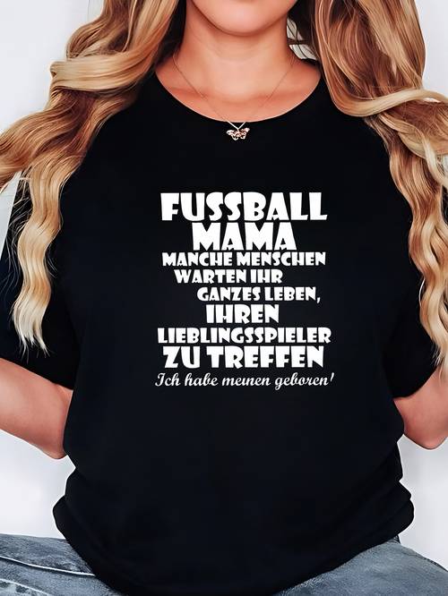 öğe resmi büyük beden, kadınlar i̇çin büyük beden futbolcu anne tişörtü - almanca fussball mama yazısı ve i̇ngilizce çevirili baskı, siyah günlük kısa kollu yuvarlak üst, futbol anneleri, maçlar, günlük giyim i̇çin - rahat büyük beden dostu slogan tişört