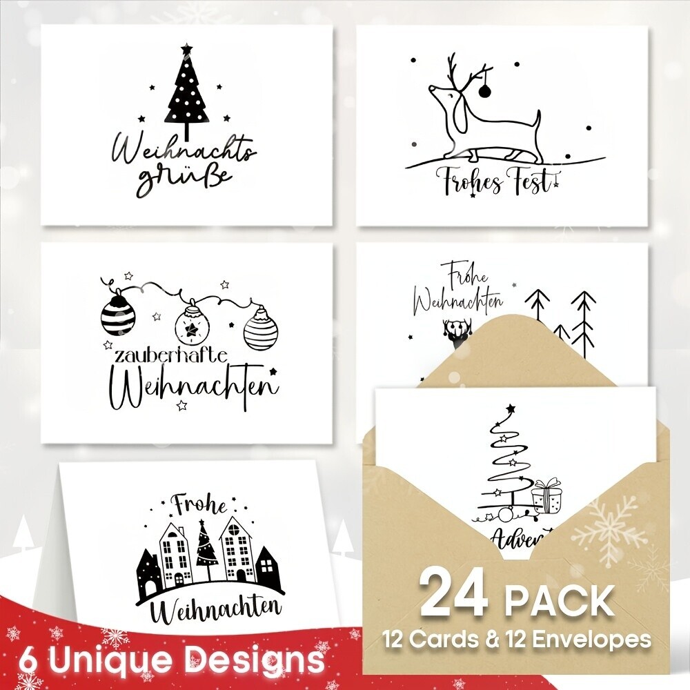 Image of 24 Minimalist Black And White Christmas 12 Cards With 12 Envelopes, Fun German Version Christmas Card Set, Suitable For