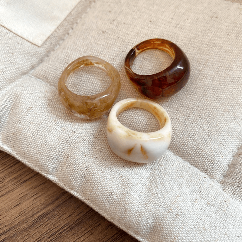TEMU Conjunto de 3 anillos retro elegantes, estilo fácil, resina degradada, redondos y cuadrados, anillo de banda ancha de moda