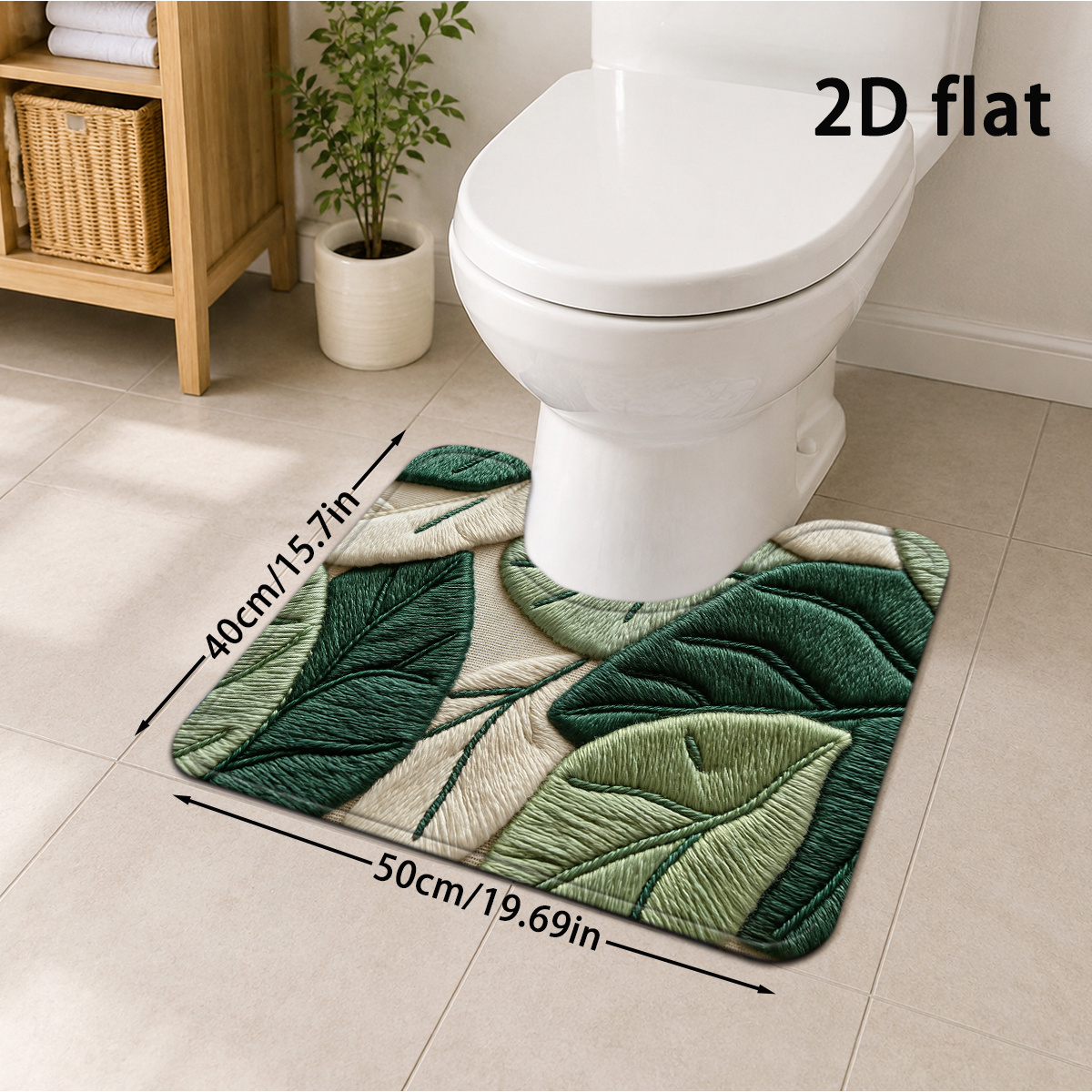 TEMU Tapis de salle de bain 2D plat, 1 pièce, motif plante à feuilles vertes, style , luxe léger, moderne, pour les fêtes, tapis de sol de U pour