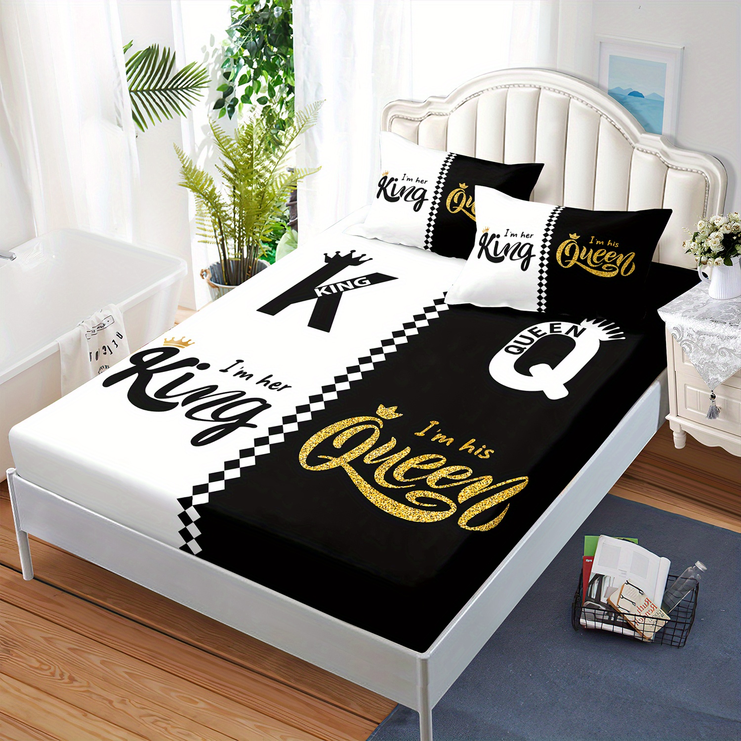 3pcs king queen fitted sheets black white printed bed sheet set for bedroom   and guest decoration couple pattern bedding set1 fitted sheet 2 pillowcases without core Product details 3