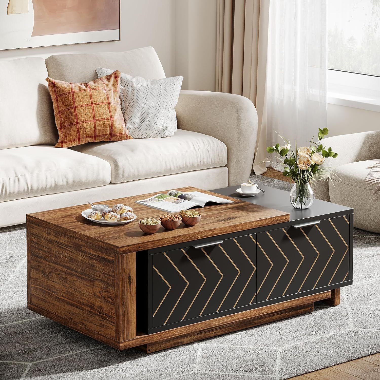 TEMU Table Basse Ajustable Extensible de 42 à 65 Pouces, Design Réversible en Bois avec Deux Tiroirs de Rangement, Idéale pour . Cette Grande Table