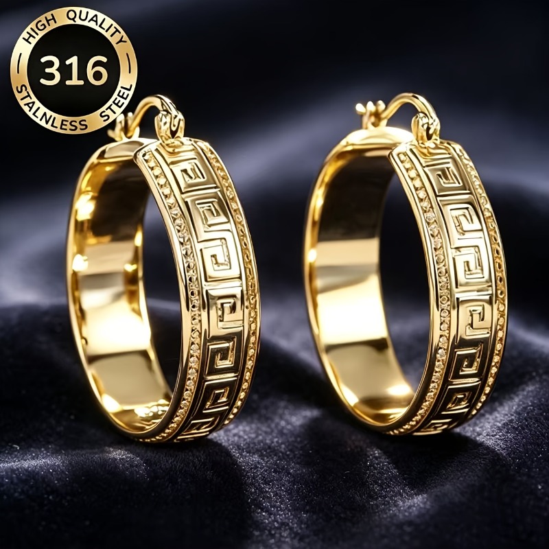 TEMU 1 Pair Of High-end Golden Stainless Steel Women's Earrings, Women's Round Earrings, Women's Fashion Accessories, Stainless Steel Ear Jewelry,