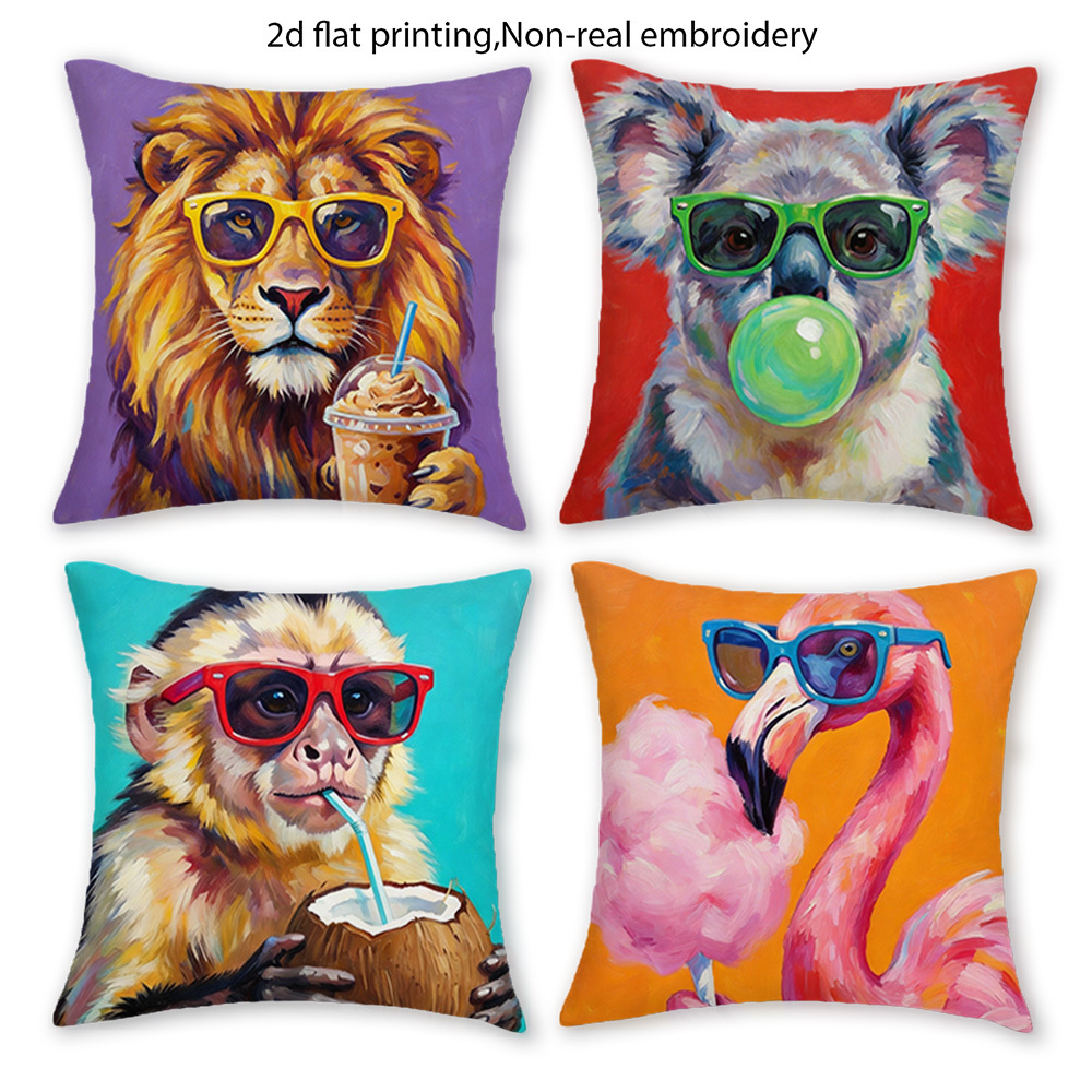 2d 4pcs cool animal print pillowcases   in multiple sizes made of   velvet with single sided printing pillow inserts not included featuring colorful backgrounds with illustrations of a fashion glasses wearing lion