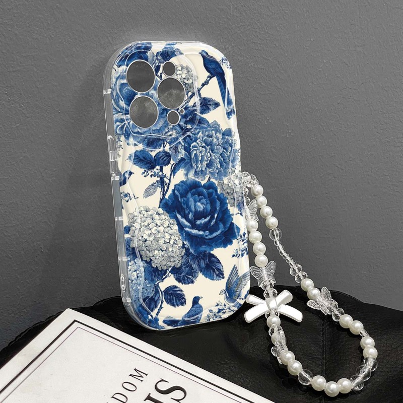 غطاء هاتف: تصميم أنيق بزهور الهدرانج الأزرق والأبيض، مقاوم للصدمات، بتصميم حدود مموجة فريد مع حبل ملون متوافق مع آيفون 17/إير/برو ماكس سلسلة 16-11 وسلسلة سامسونج، هدية رائعة لأي شخص