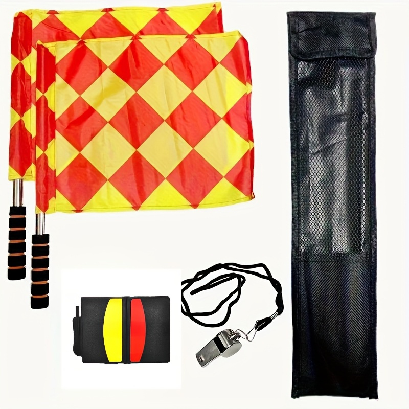 E-shop 1 Set Fußball-Schiedsrichter-Uniform, inklusive Rote und Gelbe Karten, Metallpfeife (Farbe zufällig), 2 Quadratflaggen – PVC/ABS-Material, mit