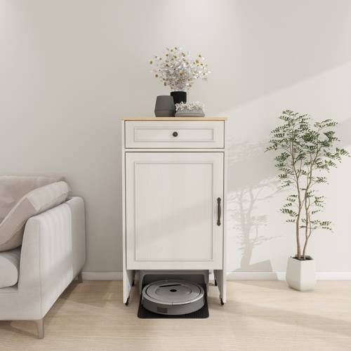 antique white cabinet on wheels for robot vacuum storage featuring doors and drawers ideal as a side table for living rooms home offices or kitchens