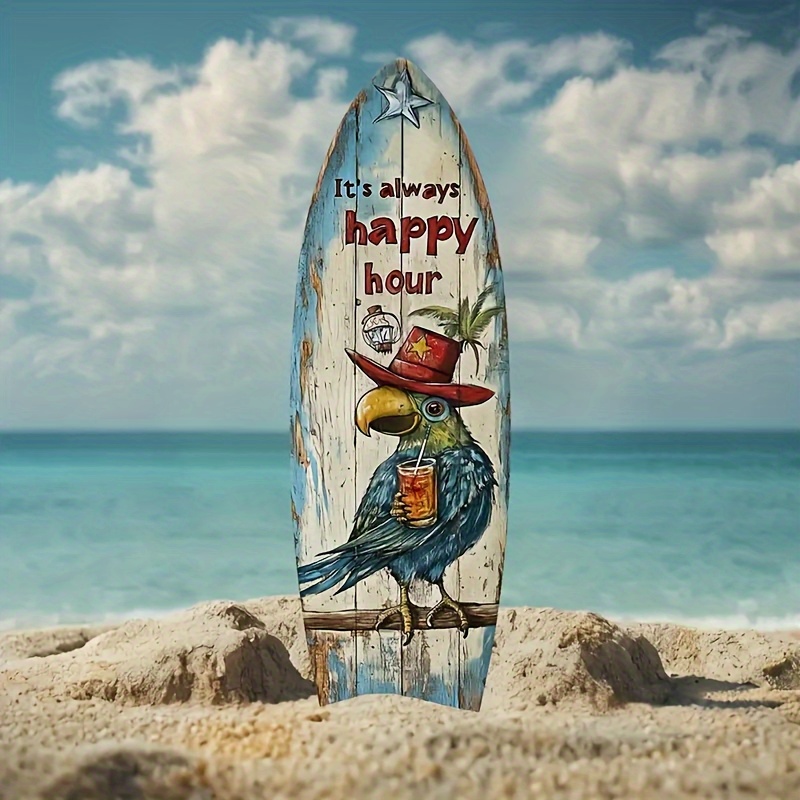 Image of 1pc Vintage Surfboard-shaped Wooden Sign, 40.64cm X 11.94cm - Colorful With Parrot And Palm Tree, " " Text, Suitable For Pool And Beach Decor, Outdoor Welcome Decoration, No Electricity Needed