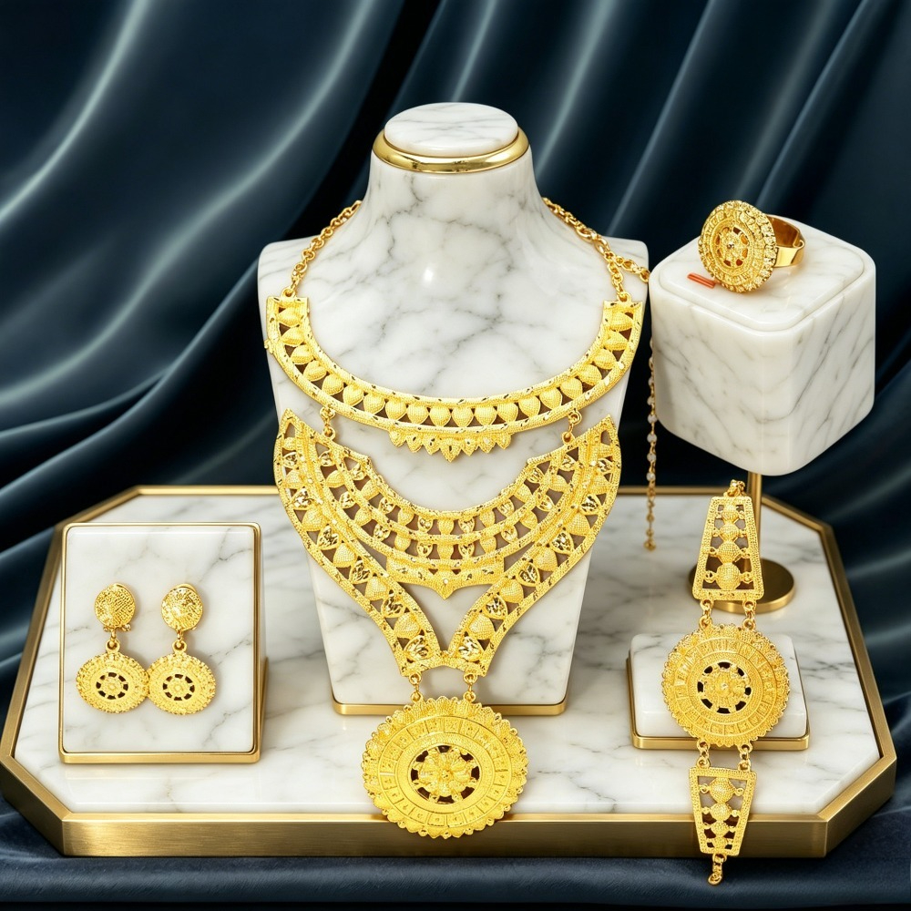 TEMU Ensemble de bijoux de luxe du Moyen- pour des mariages, comprenant un collier long à double couche avec fleurs creuses, un bracelet, des boucles