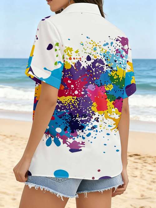 new womens short sleeve shirt with colorful ink splatter flat printing design casual commuter washable button up shirt