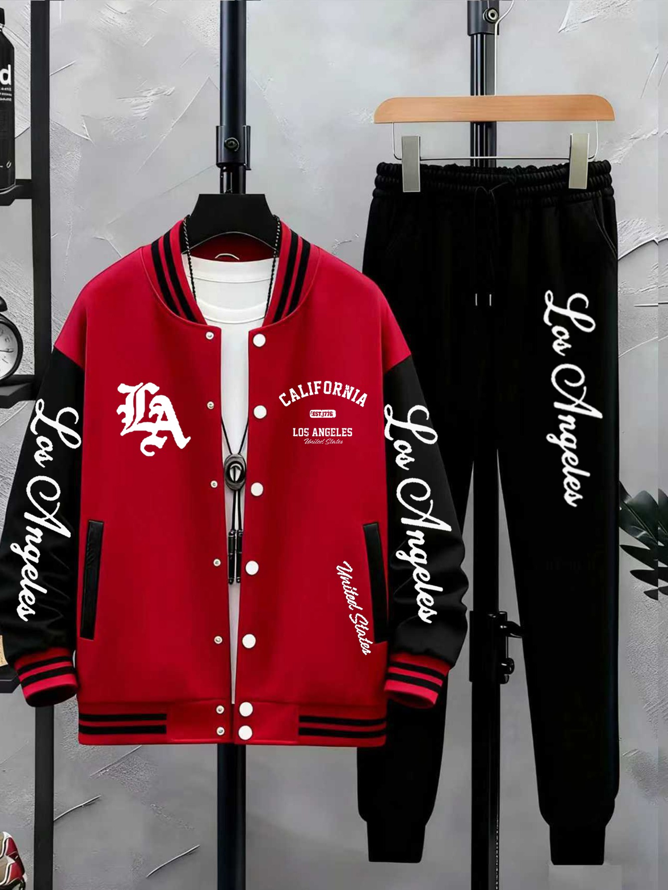 A Stylish Two-Piece Set for Men Featuring a Baseball Jacket with LA Lettering Print, Capturing The Trendy Essence of Los Angeles, Paired with Casual Fashionable Long Pants. - Image 2
