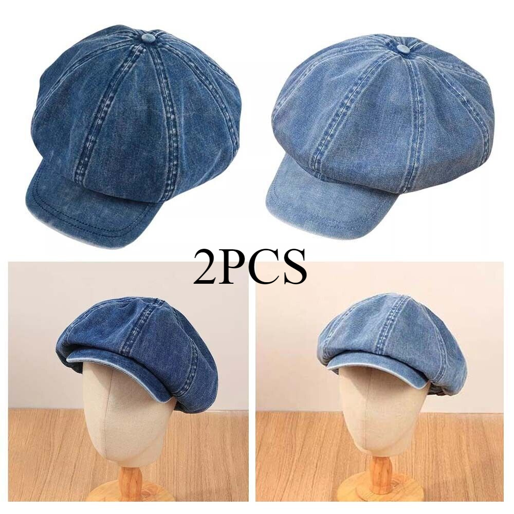 TEMU 2pcs Vintage Denim Newsboy Caps For Women - Adjustable, Lightweight & Stylish Octagonal Berets