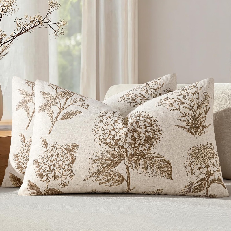 TEMU Lot de 2 housses de coussin lombaires marron clair à imprimé hortensia, adaptées pour canapé, porche, chambre, housses de coussin contemporaines
