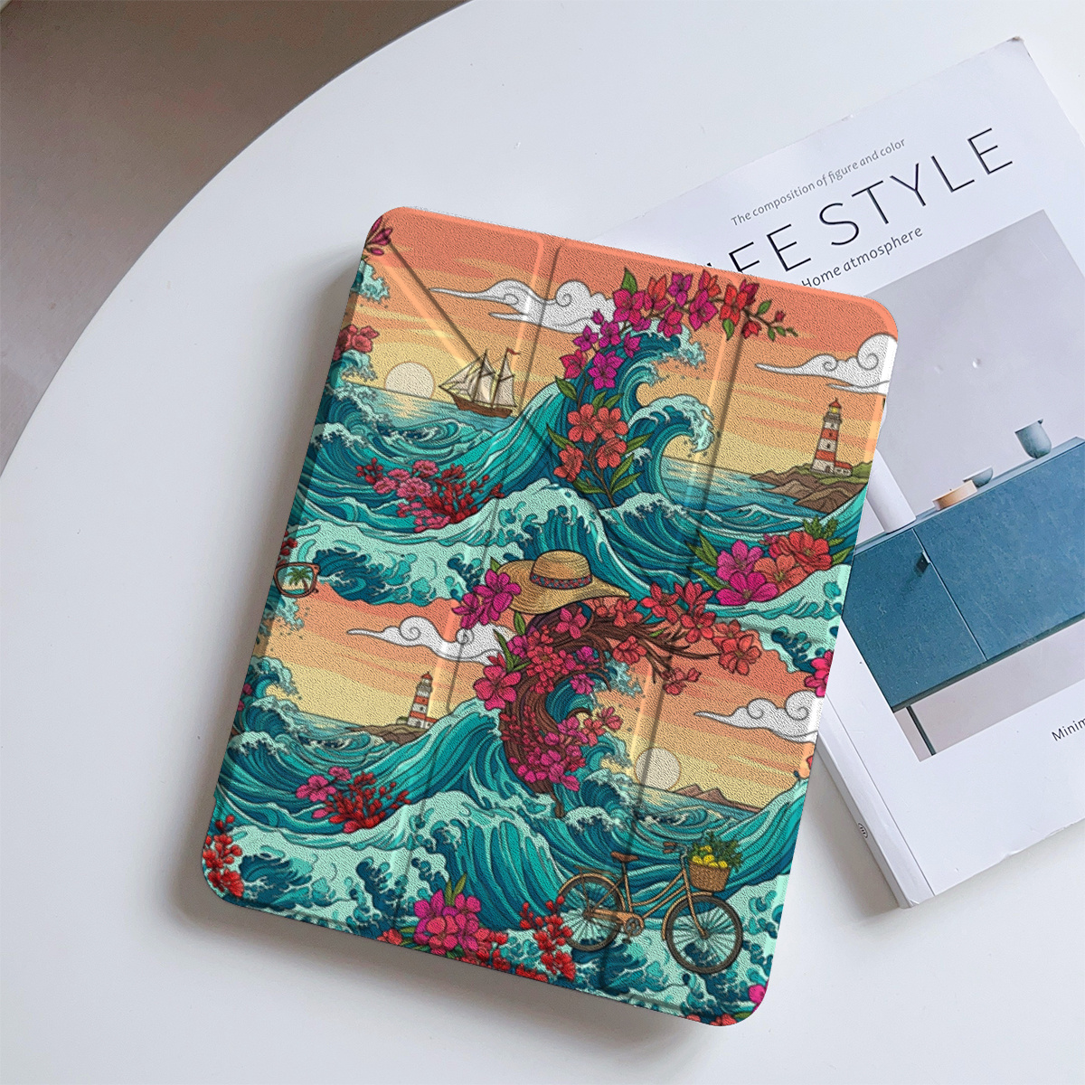 품목 사진 삼성 태블릿 S9 S9+ S10 FE S10 라이트 S8 S7 플러스 FE A9+ A8용 태블릿 케이스, 바다 물결 일몰 꽃무늬 스마트 폴리오, 일본 스타일 자동 웨이크/슬립, 펜슬 홀더, 해안가 여름 휴가 선물
