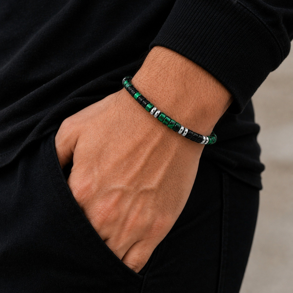 Men's Handmade Natural Malachite & Black Onyx Bracelet, Wealth Attraction