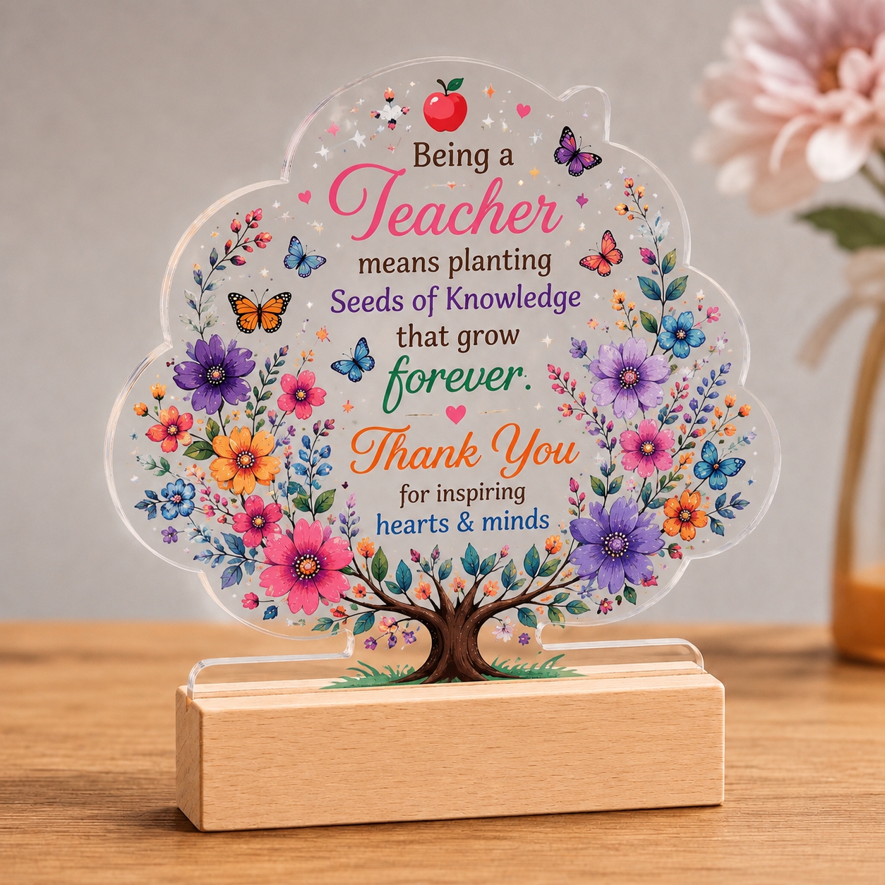 TEMU Pre-use Peel Film, Being A Teacher Means Of Knowledge Tree-shaped Teacher Appreciation Acrylic Desktop Stand With Solid Wood Base Butterflies