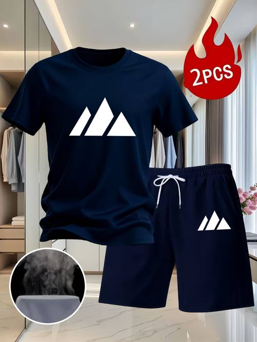 mens suit with mountain pattern fashionable and simple white t shirt black shorts summer mens short sleeve t shirt with stylish mens shorts set casual and comfortable