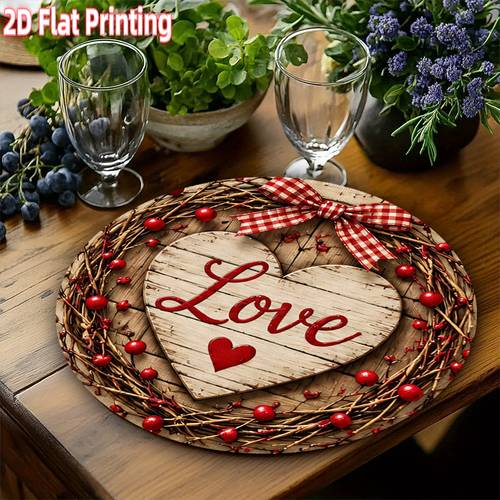 4pcs red rustic heart wreath placemats suitable for wedding picnic christmas table setting round heat resistant anti slip table protectors hand washable durable tableware for home dining suitable for wedding picnic 2d flat
