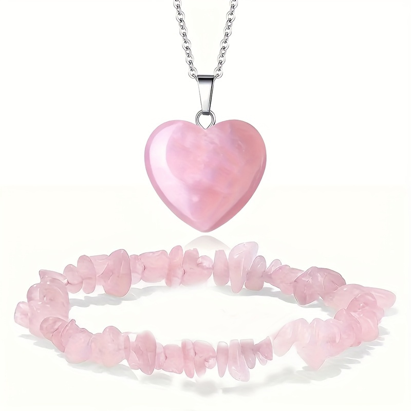 TEMU 2pcs/set Crystal Heart Necklace And Gravel Bracelet, Rose Quartz, Couple's Bracelets For Men And Women, Love, Bracelet Necklace, Valentine's,