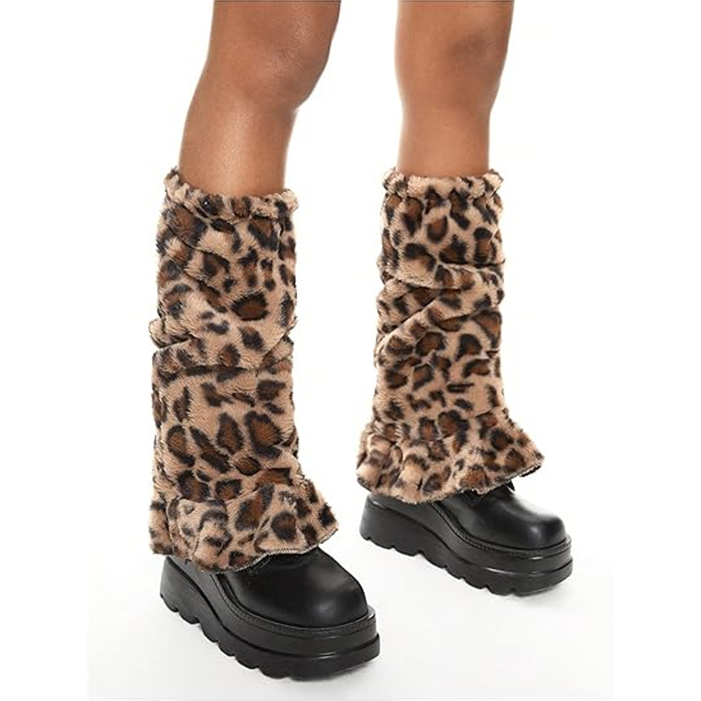 TEMU 1 Pair Women' Leopard Print Plush Fleece Leg Warmers - Boot Cuffs With Pull- Closure, Cozy Winter Accessories Suitable For /hose, Themed Parties