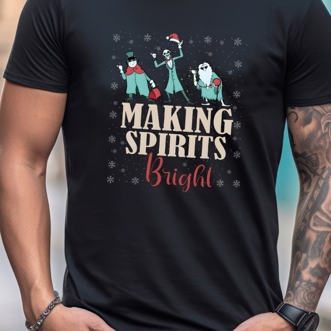 

Making Spirits Bright Hitchhiking Santa Hat Merry Christmas Haunted Mansion Family Men's Summer Short Sleeve T-shirt With Front Print - Comfortable, Breathable Fabric, Casual Sporty Style